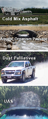 Four images of cold mix asphalt, an aquatic organism passage, dust palliatives, and the view from an unmanned aircraft system.
